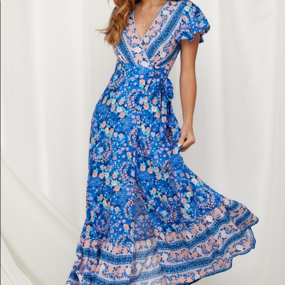 Nice bohemian floral printed wrap v neck maxi dress size L